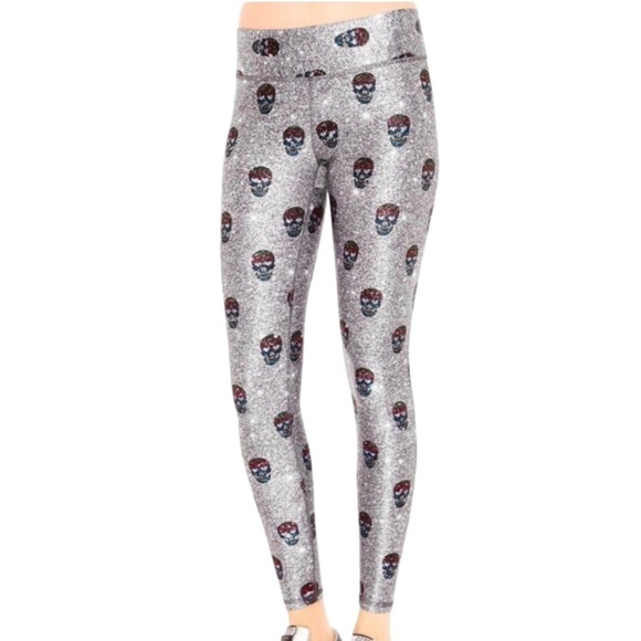 Terez Glitter Skull Athletic Leggings 7/8 Tights Women’s Medium - Picture 3 of 10